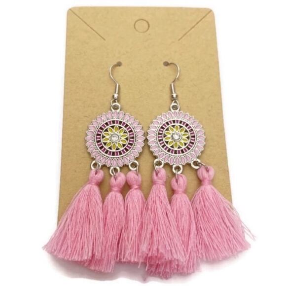 Pink Round Tassel Drop Earrings - Picture 3 of 3